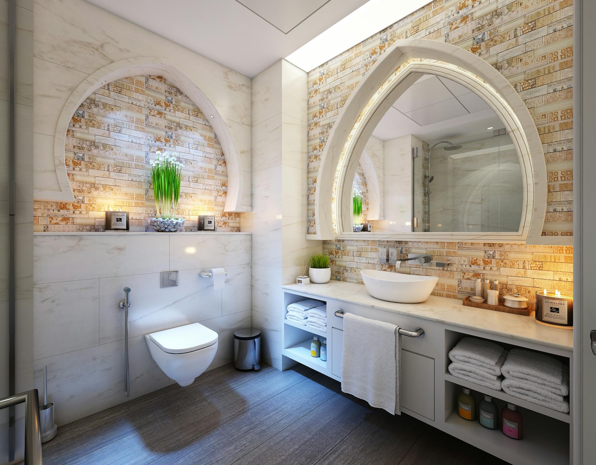 Modern bathroom with tiled walk-in shower and glass enclosure